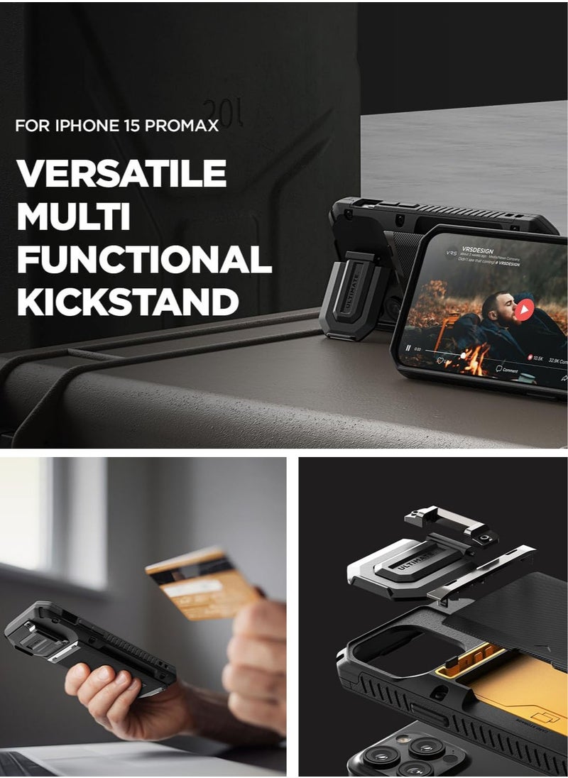VRS Design Damda Glide Duo Guard iPhone 15 Pro MAX Case Cover Wallet with Semi Automatic Credit Card Holder Slot [4 Cards] & Camera Lens Protector Kickstand - Khaki Groove  - Image 3