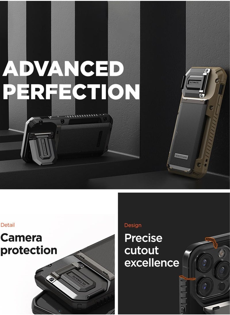 VRS Design Damda Glide Duo Guard iPhone 15 Pro MAX Case Cover Wallet with Semi Automatic Credit Card Holder Slot [4 Cards] & Camera Lens Protector Kickstand - Khaki Groove  - Image 5