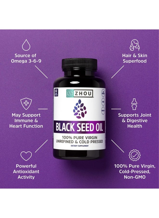 Zhou Nutrition Zhou Black Seed Oil ; 100% Virgin Cold Pressed Source Of Omega 3 6 9 ; Super Antioxidant For Immune Support Joints Digestion Hair & Skin ; 60 Caps  - Image 5