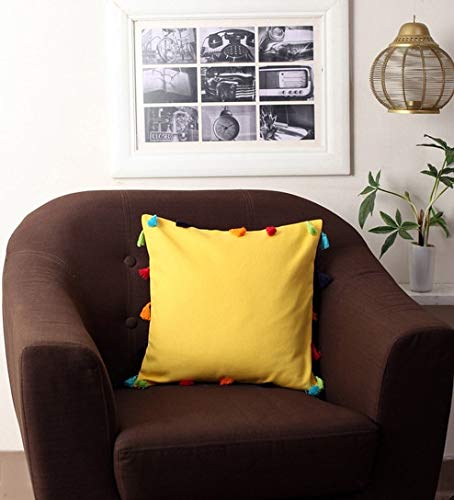 Lushomes غطاء وسادة لوش هوم 16x16، أغطية وسائد بوهيمية، غطاء وسادة أريكة، أغطية وسائد مع خيوط، غطاء وسادة مع بوم بوم (16x16 بوصة، مجموعة من 1، أصفر) - Image 1