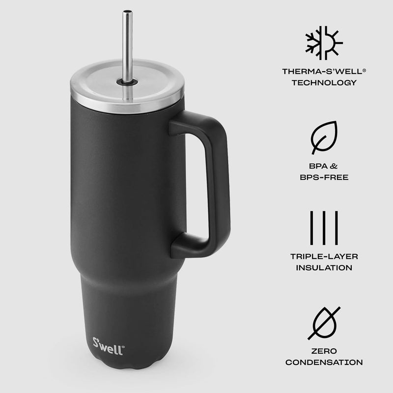 S'well Recycled Stainless Steel Tumbler XL with Straw and Handle, 40oz, Onyx, Triple Layered Vacuum Insulated Container Keeps Drinks Cold 50 hours and Hot for 10, BPA Free - Image 2