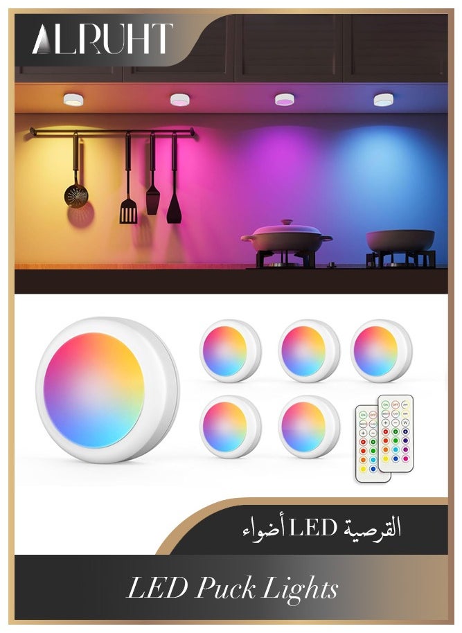 الروهيت مجموعة من 6 مصابيح LED مع جهاز تحكم عن بعد، إضاءة لاسلكية أسفل الخزانة، مصابيح تعمل بالبطارية، مصابيح لاصقة، مصابيح متغيرة اللون مع جهاز تحكم عن بعد ومؤقت  - Image 1