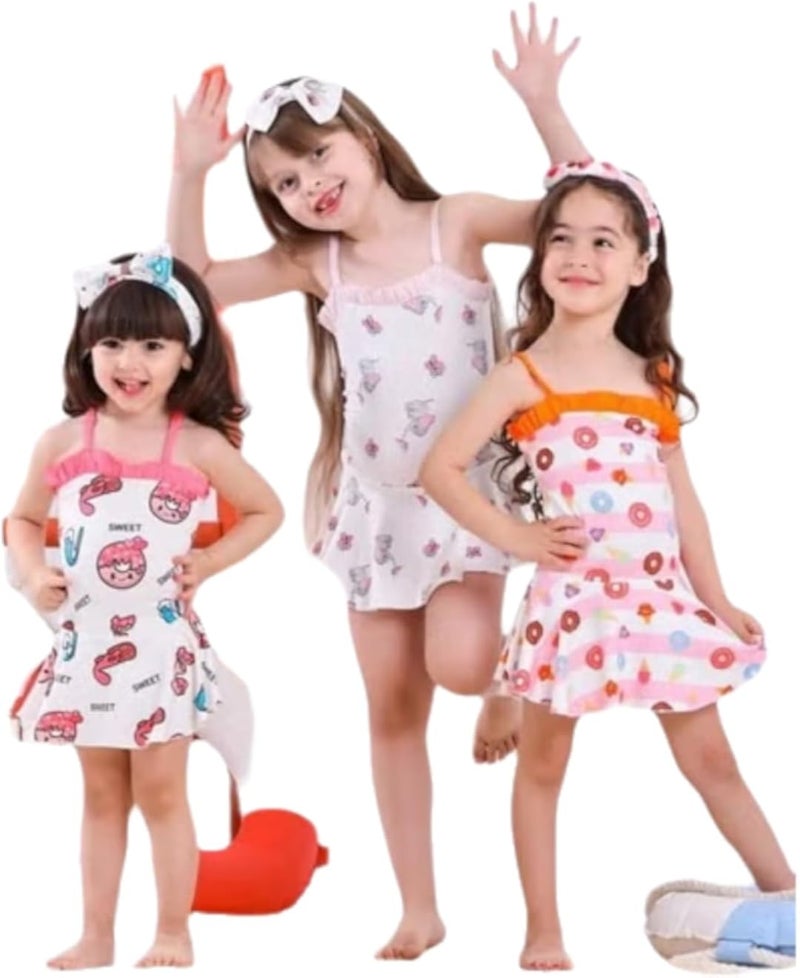 Girls Summer Swimsuit Collection, One Piece Halter Neck Design, Printed Pattern with Matching Headband