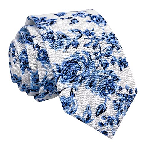 Kebocis Mens Blue Floral Necktie Skinny Tie White - Image 1