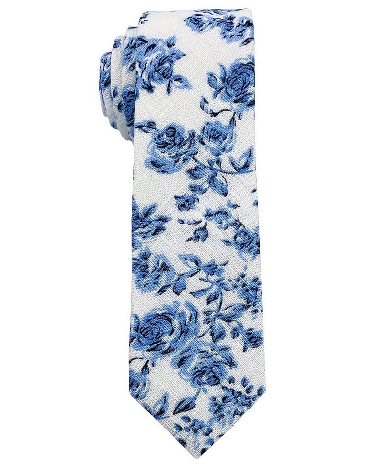 Kebocis Mens Blue Floral Necktie Skinny Tie White - Image 2