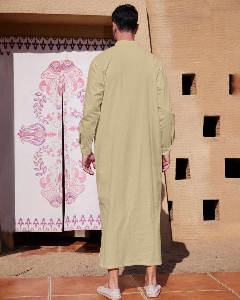 YAOHUOLE كاftan رجالي بياقة زرية من YAOHUOLE بأكمام طويلة للرجال باللون الكاكي XL - Image 3