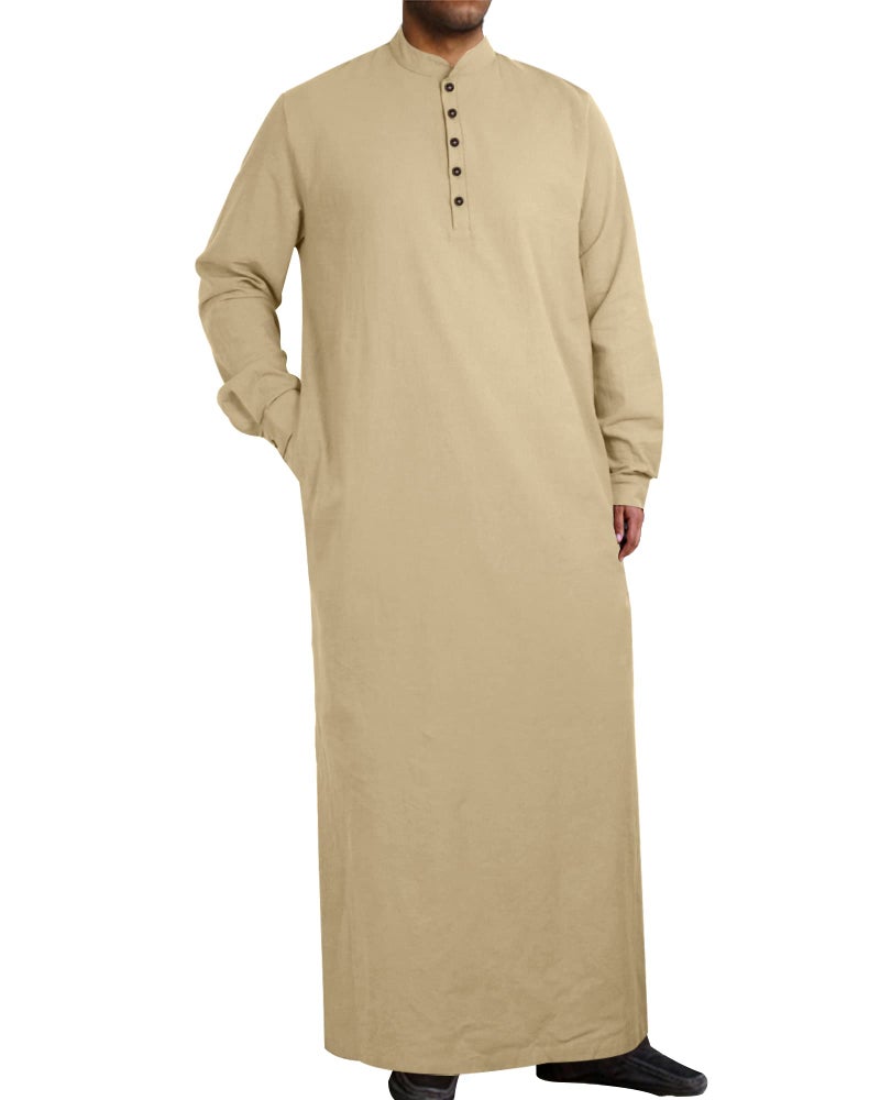 YAOHUOLE كاftan رجالي بياقة زرية من YAOHUOLE بأكمام طويلة للرجال باللون الكاكي XL - Image 1