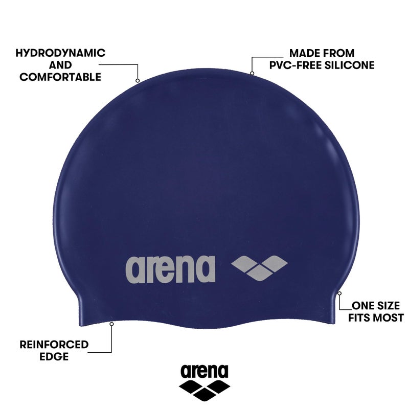 Arena Classic Unisex Soft Silicone Swim Cap for Women and Men, Intensive Training and Racing Comfortable Non-Slip Long Hair Swimming Hat, Denim/Silver - Image 2