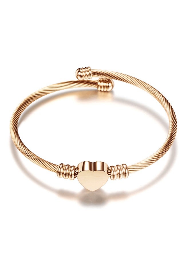 Stylish Stainless Steel Cable Bangle Bracelet, Wire Braided Bracelet, Love Heart Bangle for Women Jewelry(Rose Gold) - Image 1