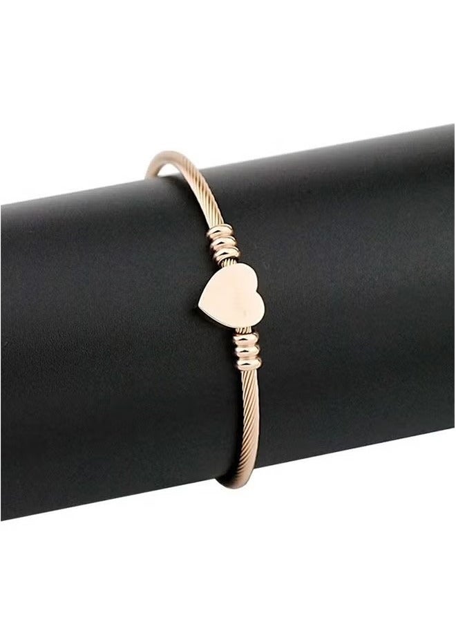 Stylish Stainless Steel Cable Bangle Bracelet, Wire Braided Bracelet, Love Heart Bangle for Women Jewelry(Rose Gold) - Image 3