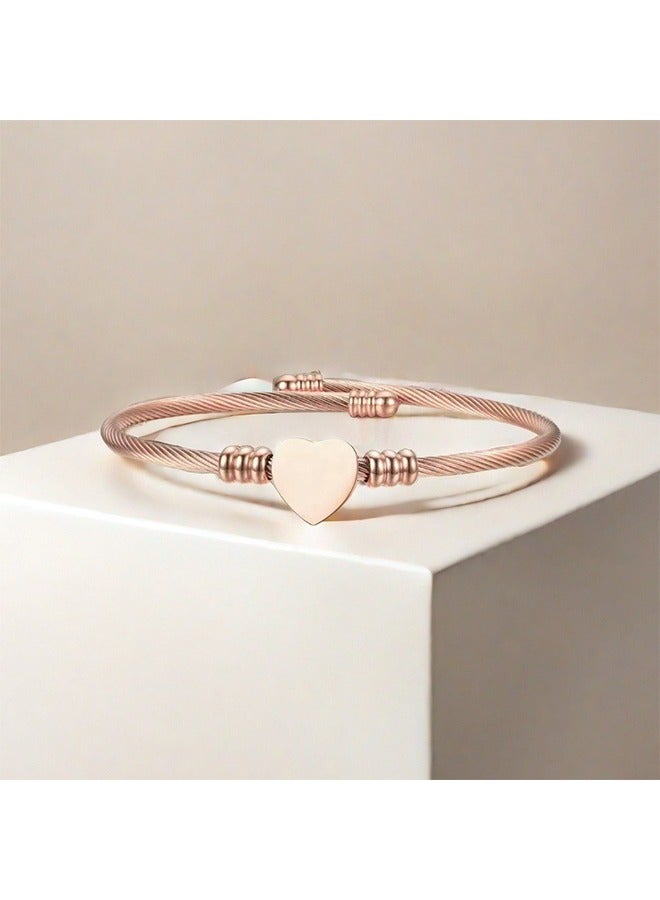Stylish Stainless Steel Cable Bangle Bracelet, Wire Braided Bracelet, Love Heart Bangle for Women Jewelry(Rose Gold) - Image 5