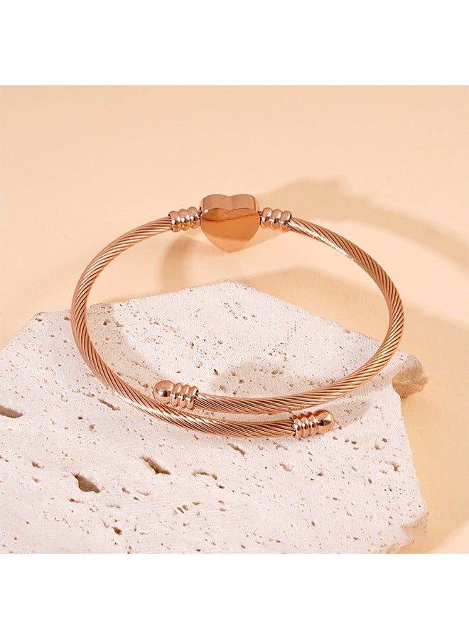 Stylish Stainless Steel Cable Bangle Bracelet, Wire Braided Bracelet, Love Heart Bangle for Women Jewelry(Rose Gold) - Image 2
