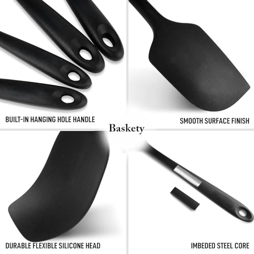Baskety Silicone Spatula Set Heat Resistant, 4Pcs Non-Stick Spatulas for Cooking, Baking & Mixing Kitchen Utensils Seamless Strong Stainless Steel Core 4A Black - Image 4