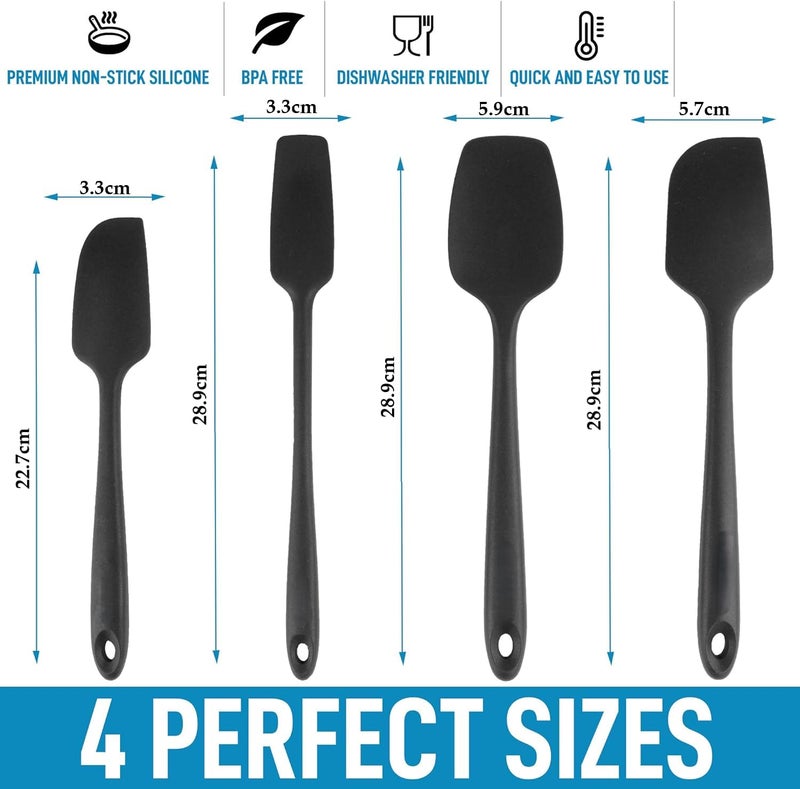 Baskety Silicone Spatula Set Heat Resistant, 4Pcs Non-Stick Spatulas for Cooking, Baking & Mixing Kitchen Utensils Seamless Strong Stainless Steel Core 4A Black - Image 2