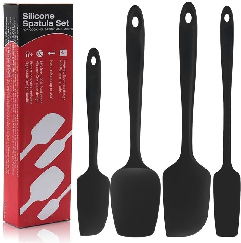 Baskety Silicone Spatula Set Heat Resistant, 4Pcs Non-Stick Spatulas for Cooking, Baking & Mixing Kitchen Utensils Seamless Strong Stainless Steel Core 4A Black - Image 1