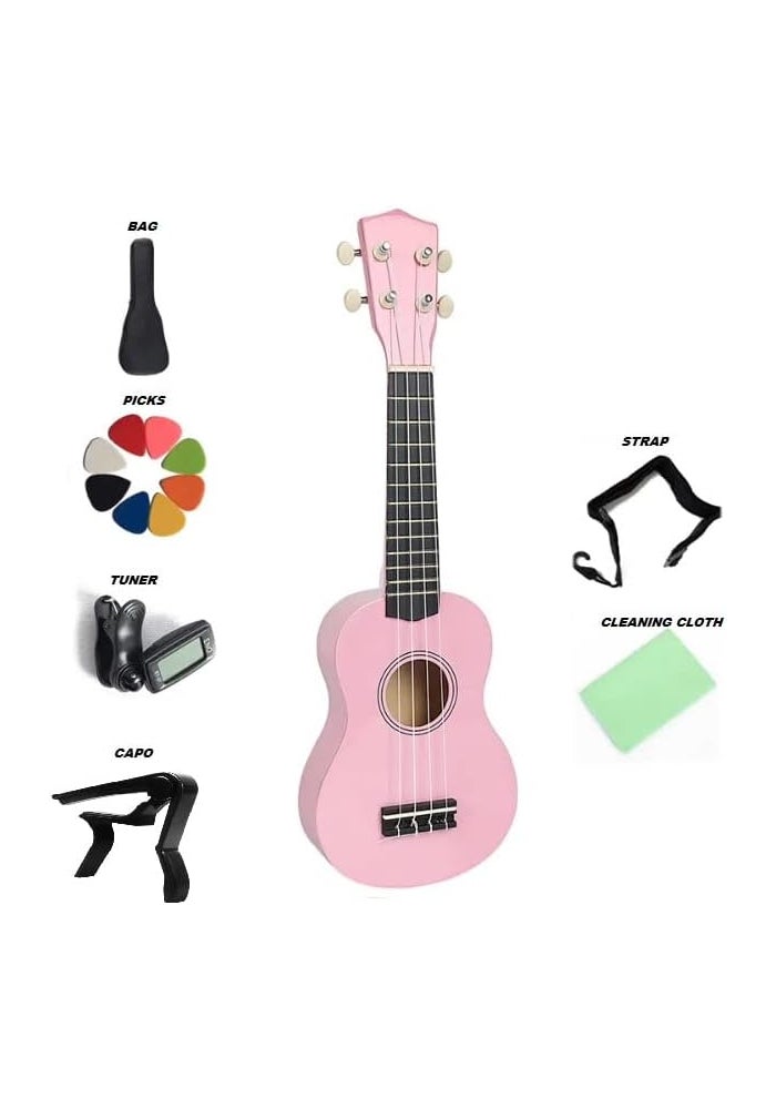 Megarya Pink Soprano Ukulele Set with Bag, Capo, Strap, Picks, Tuner, and Cleaning Cloth - Image 1