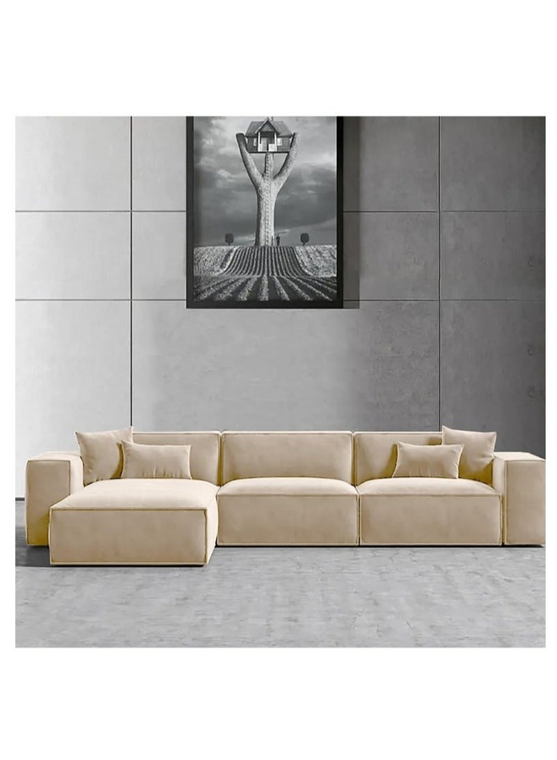 Al Zakharef Furniture Coco Corner L-Shape Luxury Sofa Set, Modern Sectional Velvet Couch, Comfortable Living Room Furniture with Free Pillows, Colour Beige - Image 1