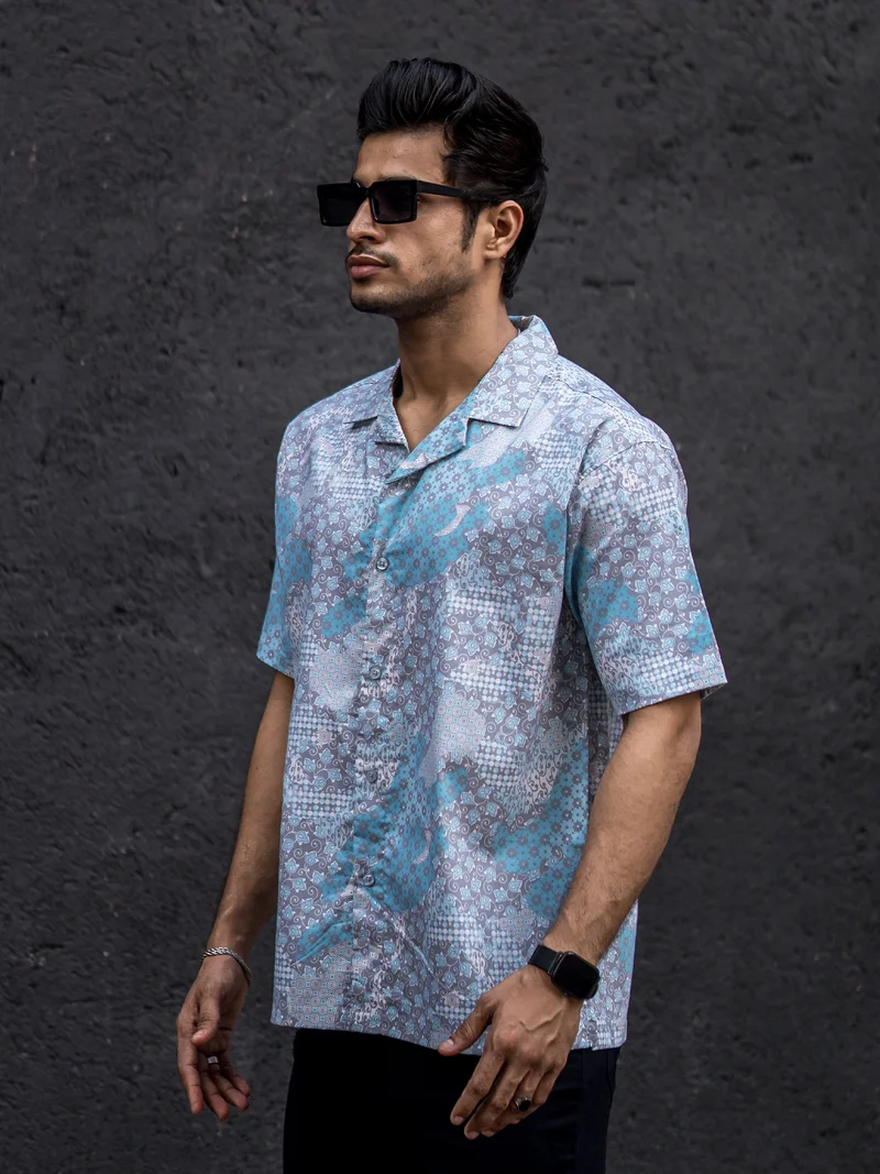 Maniac  Maniac Mens All Over Printed Collar Neck Half Sleeve Blue Cotton Oversized Shirt for Men | Best Price UAE