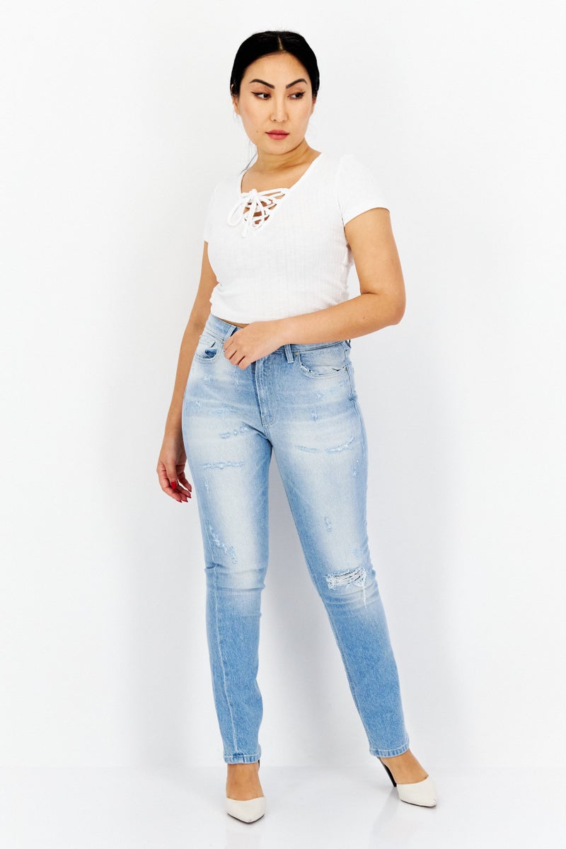 GUESS جينز دنيم ضيق ممزق قابل للتمدد للنساء، أزرق - Image 4