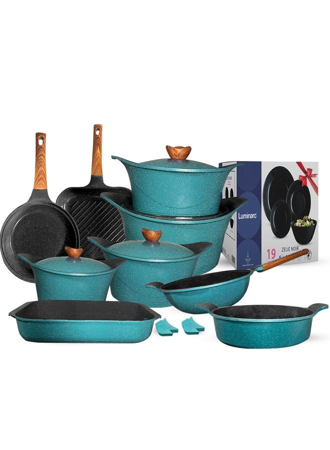 جلوري طقم أواني طهي جرانيت 36 قطعة، قطع فاخرة (18 + 20 + 24 + 28) + مقلاة ووك 28 + مقلاة 20 + صينية 30 + شواية 28 + طاجن 40 + 4 أقنعة + طقم هدايا لومينارك فيروزي - Image 1