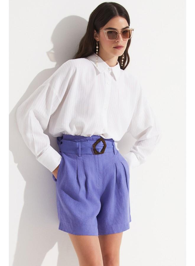 جون قميص نسائي قطني مخطط واسع أبيض - Image 1