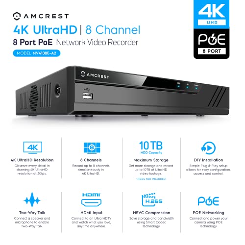Amcrest 4K 8CH Security Camera System w/ 4K (8MP) NVR, (4) x 8-Megapixel IP67 Weatherproof Metal Dome POE IP Cameras (3840x2160),Pre-Installed 2TB Hard Drive, NV4108E-HS-IP8M-2493EW4-2TB (White) - Image 2