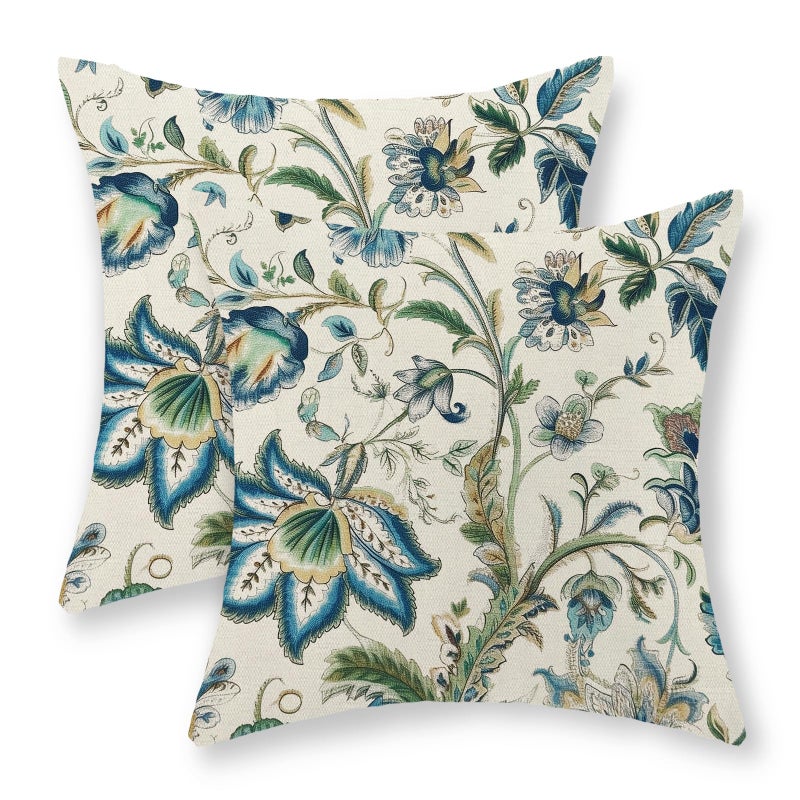 GOLIANDA Blue Green Pillow Covers 18x18 Set of 2 Sage Green Chinoiserie Floral Throw Pillows Boho Vintage Flowers Decorative Pillowcase Outdoor Chinoiserie Decor Farmhouse Cushion Case for Couch Sofa - Image 1