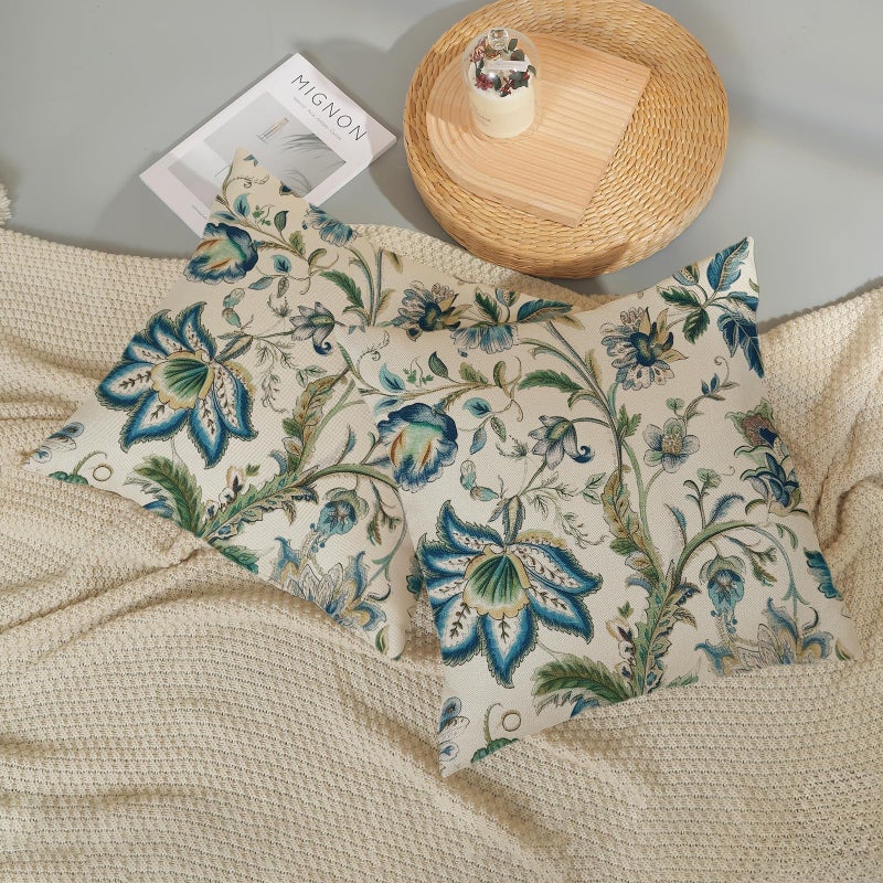 GOLIANDA Blue Green Pillow Covers 18x18 Set of 2 Sage Green Chinoiserie Floral Throw Pillows Boho Vintage Flowers Decorative Pillowcase Outdoor Chinoiserie Decor Farmhouse Cushion Case for Couch Sofa - Image 5