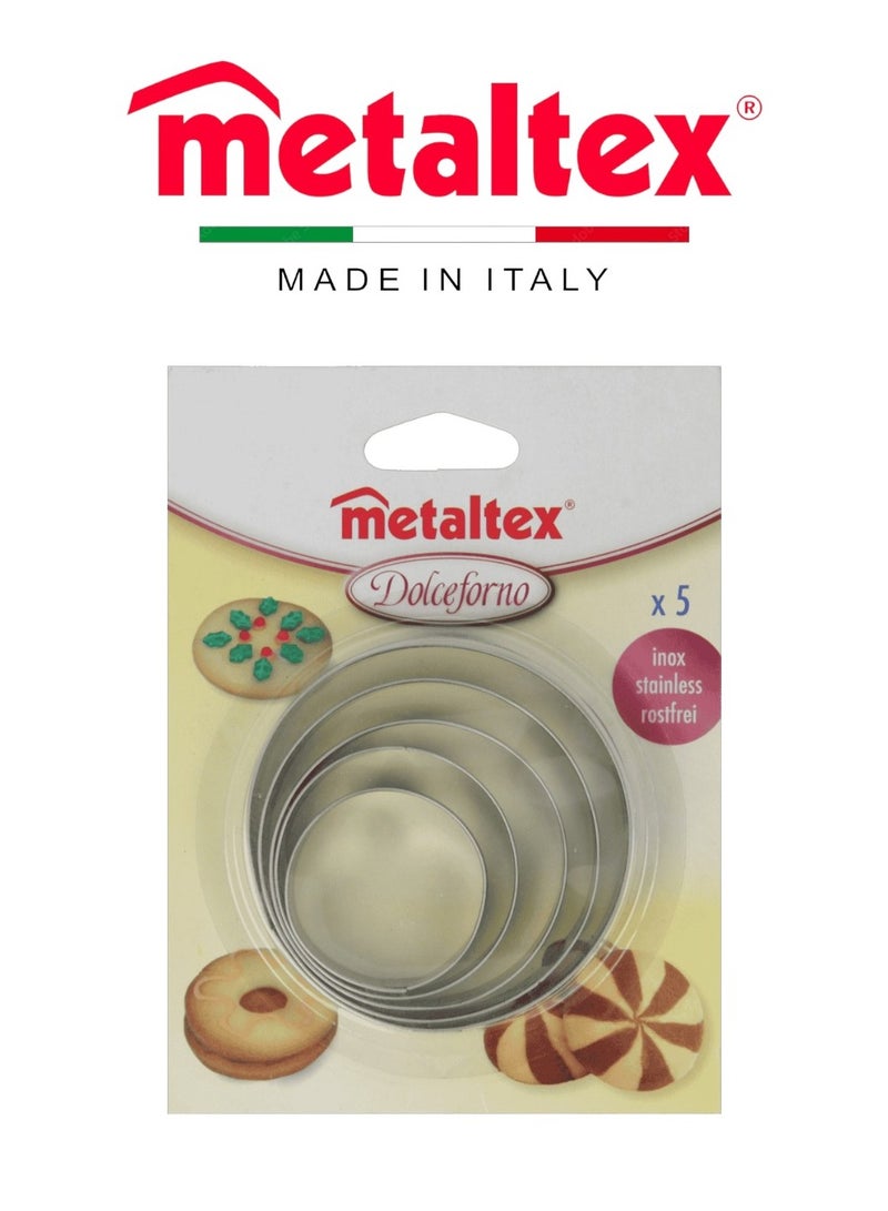 Metaltex مجموعة قواطع بسكويت دائري من ميتالتكس 5 قطع - فولاذ مقاوم للصدأ، أحجام متنوعة للخبز والحرف اليدوية - Image 1