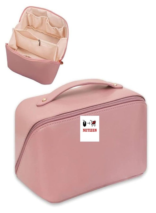 Netizen Travel Makeup Bag, Cosmetic Travel Bag, Double Layer Cosmetic Bag, Compartment Cosmetic Pouch, Leather Makeup Bag for Girls and Women, Makeup Organizer Bag (Pink) - Image 1