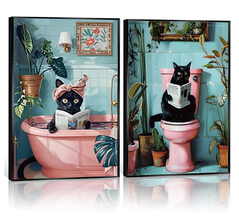 2 Pcs Cute Black Cat Bathroom Wall Art Funny Cat Reading Newspaper Paintings Pictures Wall Decor Pink Animal Plant Posters Prints for Bathroom Toilet Decorations Unframed 12x16 Inch