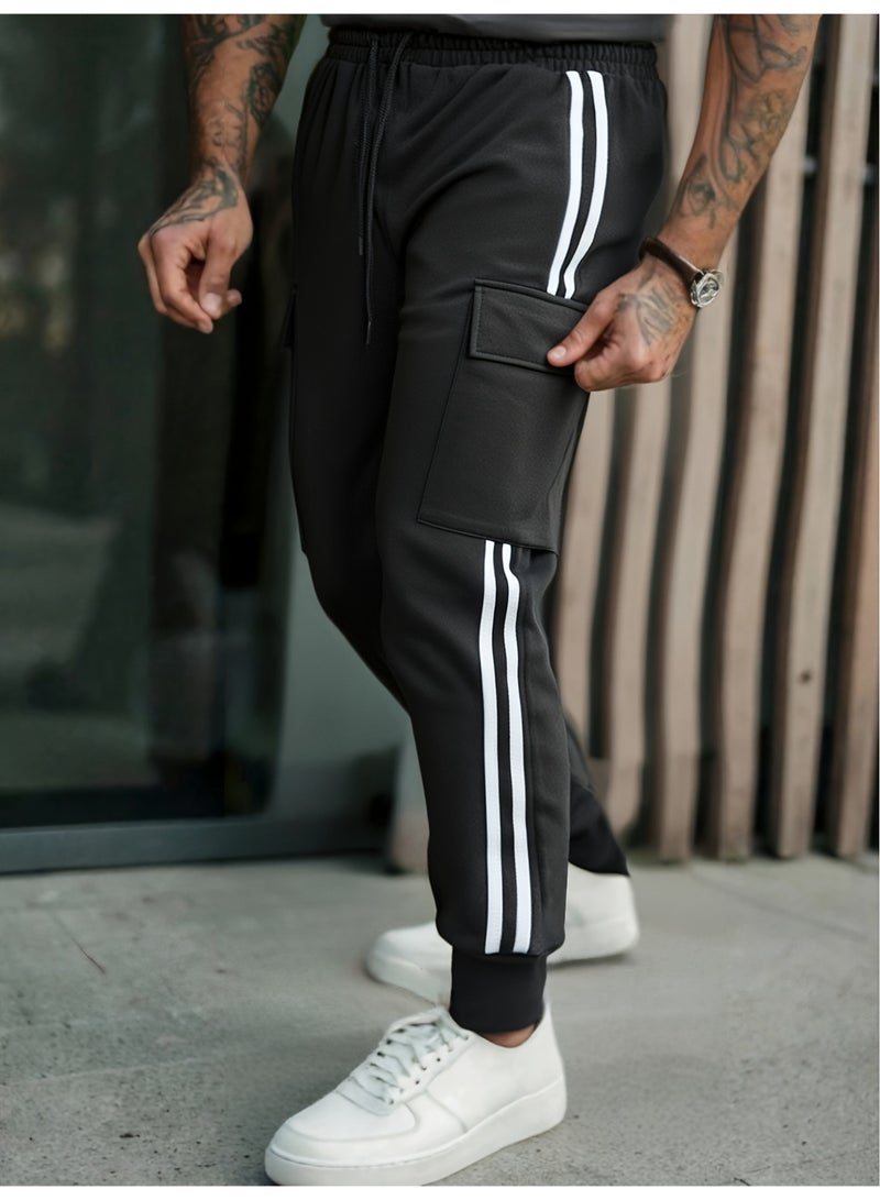 Men's Black Double White Stripe Cargo Joggers Side Stripes Ankle Cuffed Casual Tapered Pants - Image 1
