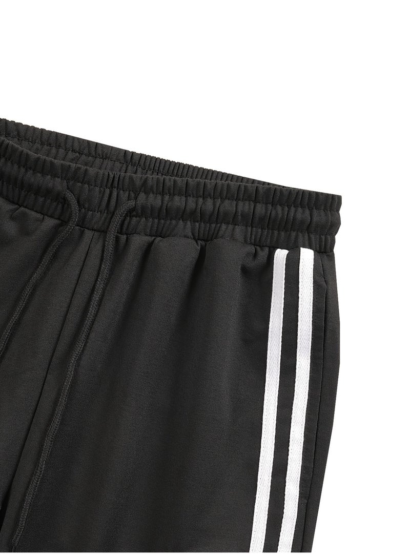 Men's Black Double White Stripe Cargo Joggers Side Stripes Ankle Cuffed Casual Tapered Pants - Image 5