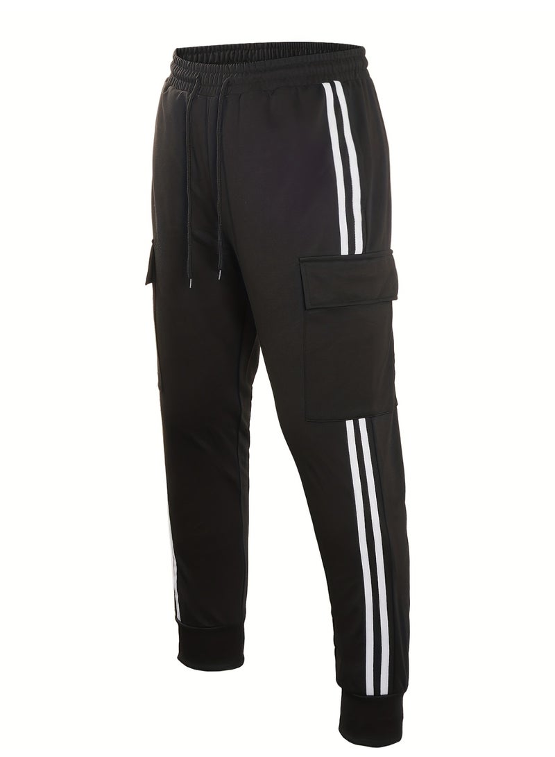 Men's Black Double White Stripe Cargo Joggers Side Stripes Ankle Cuffed Casual Tapered Pants - Image 2