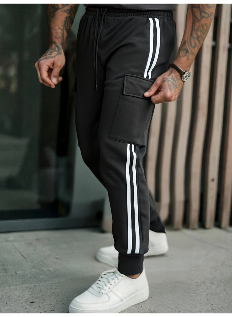 بنطلون رياضي رجالي أسود مخطط أبيض مزدوج بخطوط جانبية وبنطلون كاجوال ضيق عند الكاحل - Image 1