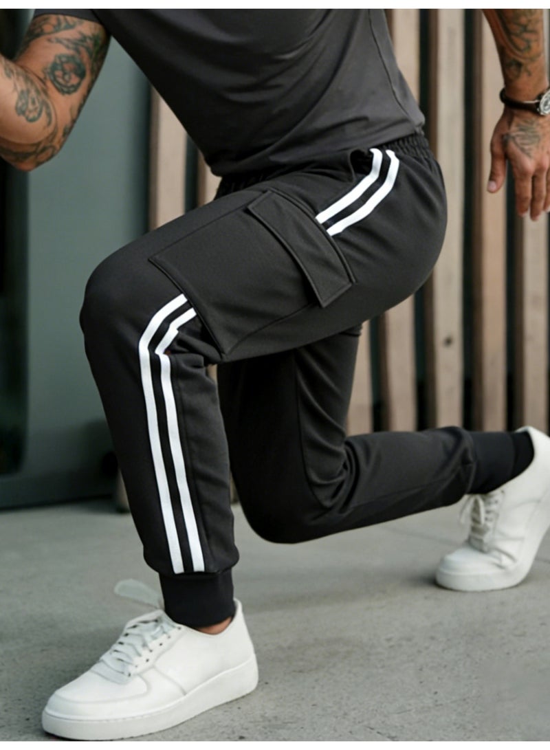 بنطلون رياضي رجالي أسود مخطط أبيض مزدوج بخطوط جانبية وبنطلون كاجوال ضيق عند الكاحل - Image 3
