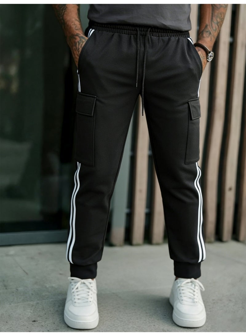 بنطلون رياضي رجالي أسود مخطط أبيض مزدوج بخطوط جانبية وبنطلون كاجوال ضيق عند الكاحل - Image 2