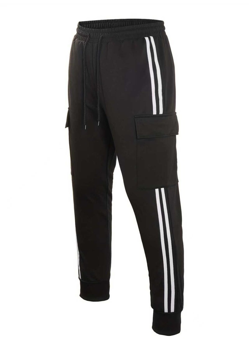 بنطلون رياضي رجالي أسود مخطط أبيض مزدوج بخطوط جانبية وبنطلون كاجوال ضيق عند الكاحل - Image 5