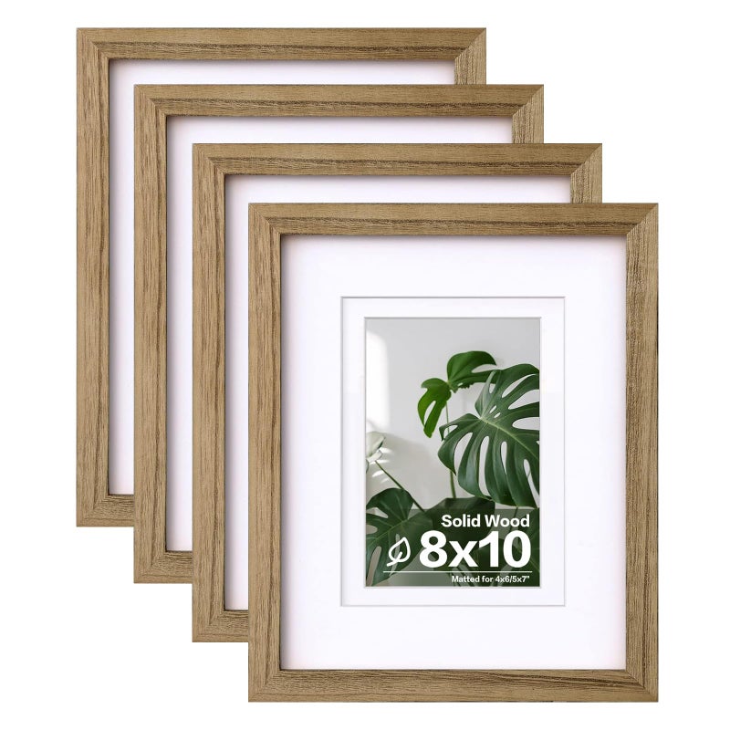 Egofine 8x10 Picture Frames with Plexiglass Display Pictures 4x65x7 with Mat or 8x10 Without Mat Set of 4 for Tabletop and Wall Mounting Carbonized Brown