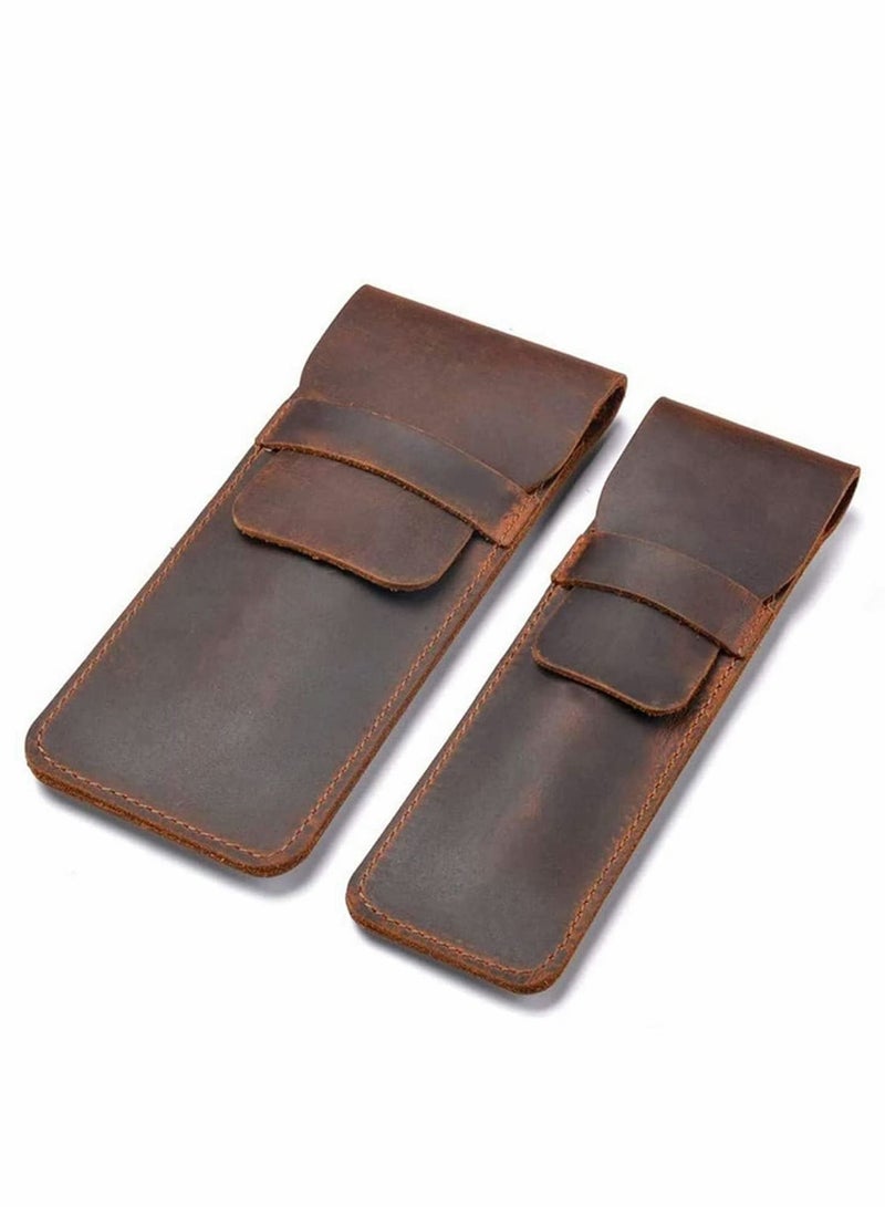 Excefore Genuine Leather Pen Case Holder Handmade Fountain Multi Pens Pouch Crazy Horse Leather Pen Protective Sleeve Cover 2 Pack – Brown (Pen Not Include) - Image 1