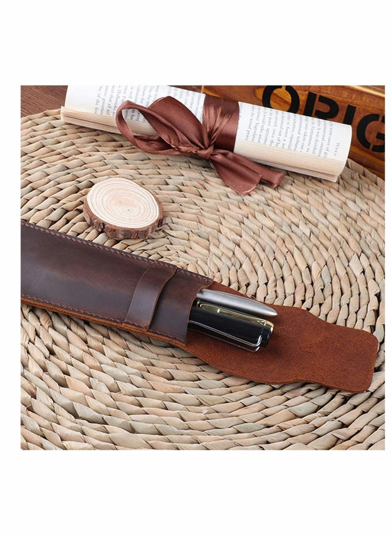 Excefore Genuine Leather Pen Case Holder Handmade Fountain Multi Pens Pouch Crazy Horse Leather Pen Protective Sleeve Cover 2 Pack – Brown (Pen Not Include) - Image 3