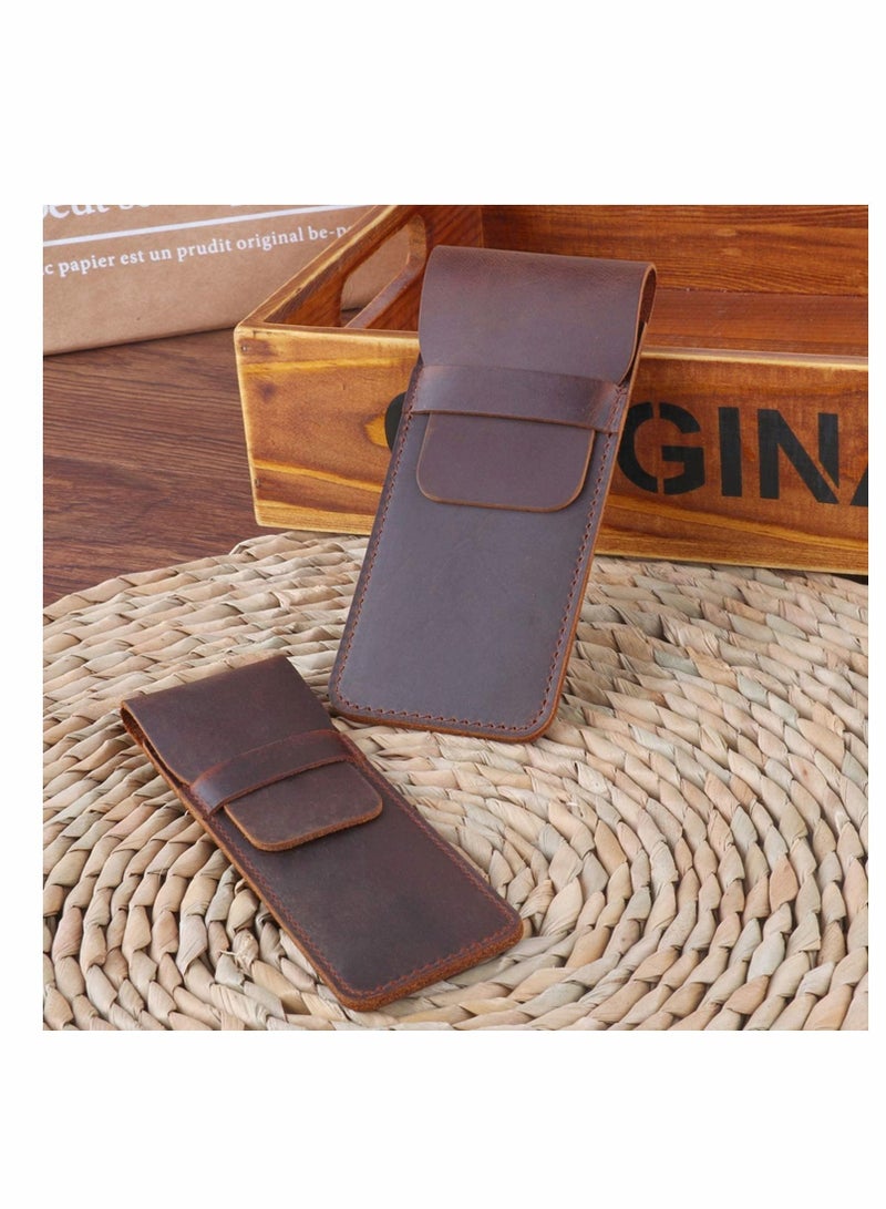 Excefore Genuine Leather Pen Case Holder Handmade Fountain Multi Pens Pouch Crazy Horse Leather Pen Protective Sleeve Cover 2 Pack – Brown (Pen Not Include) - Image 2