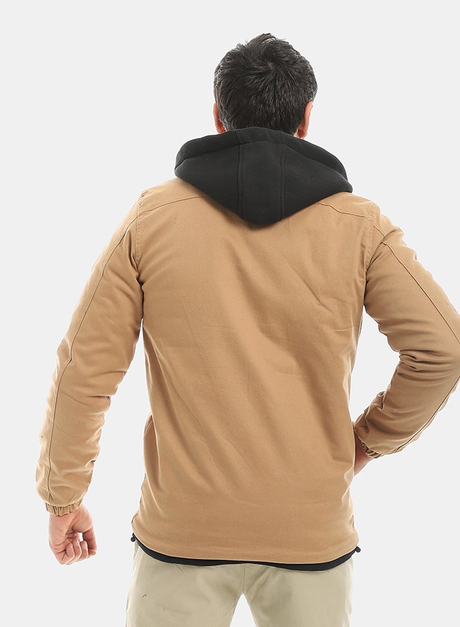 Andora Camel With Black Hooded Full Zipper Closure Jacket-Camel - Image 3