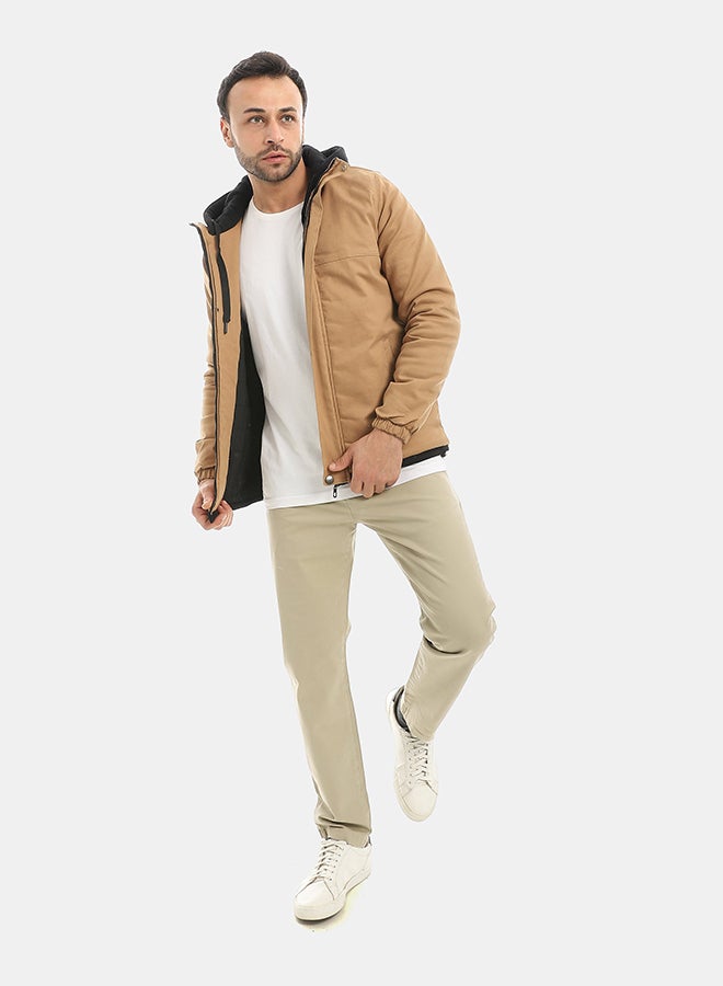 Andora Camel With Black Hooded Full Zipper Closure Jacket-Camel - Image 5