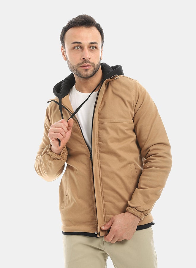 Andora Camel With Black Hooded Full Zipper Closure Jacket-Camel - Image 1