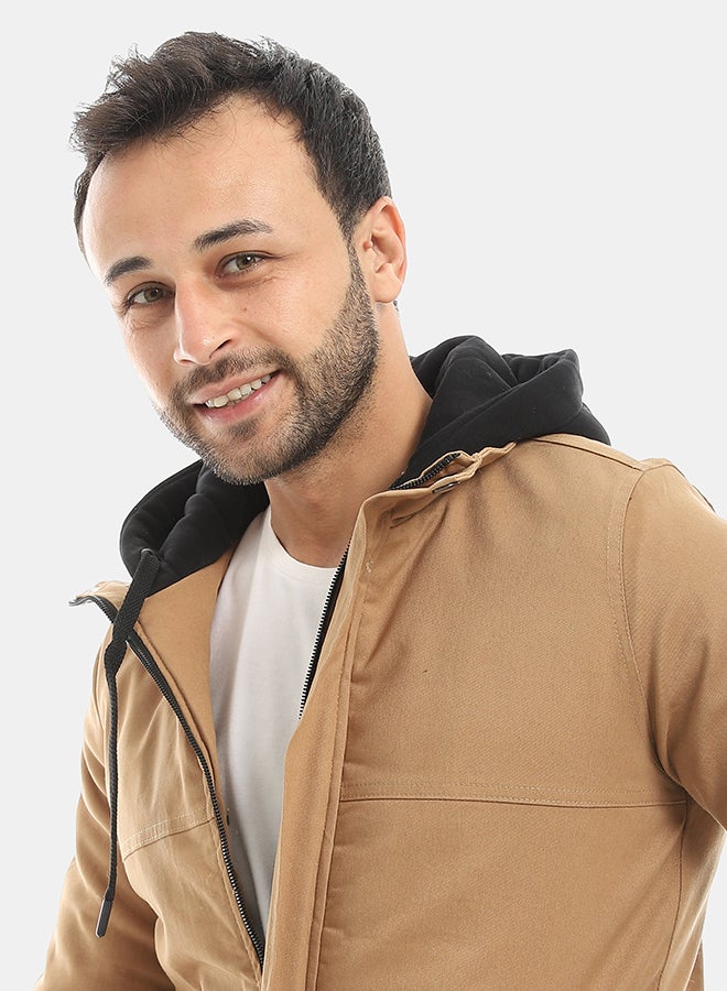 Andora Camel With Black Hooded Full Zipper Closure Jacket-Camel - Image 4
