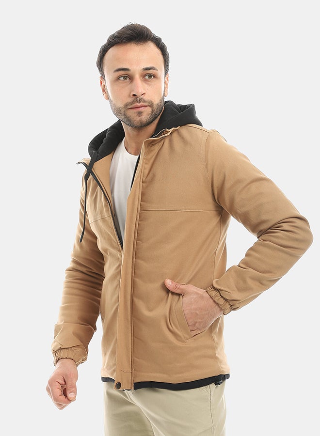 Andora Camel With Black Hooded Full Zipper Closure Jacket-Camel - Image 2