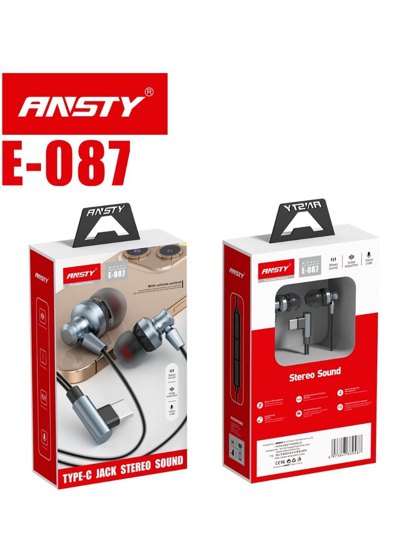 ANSTY E-087 Wired Earphones - Type-C Jack, Stereo Sound, Volume Control, and Noise Reduction - Image 2