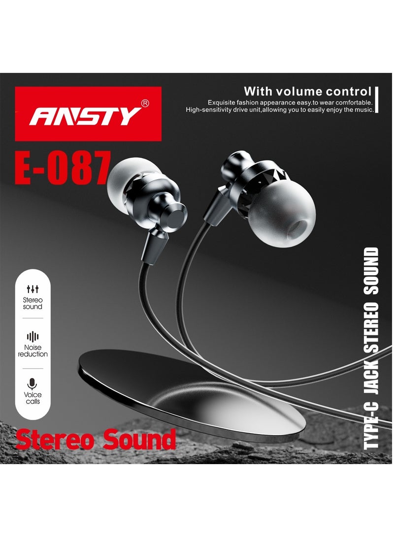 ANSTY E-087 Wired Earphones - Type-C Jack, Stereo Sound, Volume Control, and Noise Reduction - Image 3