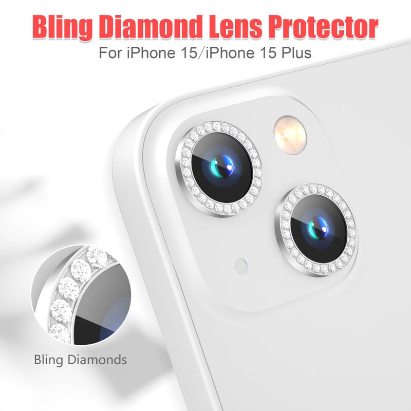 AGVEE 3+3 6 Pack for iPhone 15 6.1" / 15 Plus 6.7" Camera Lens Protector, Bling Diamond & Bling Glitter Metal Ring 9H Tempered HD Glass Camera Cover Film, Bling-Silver - Image 4